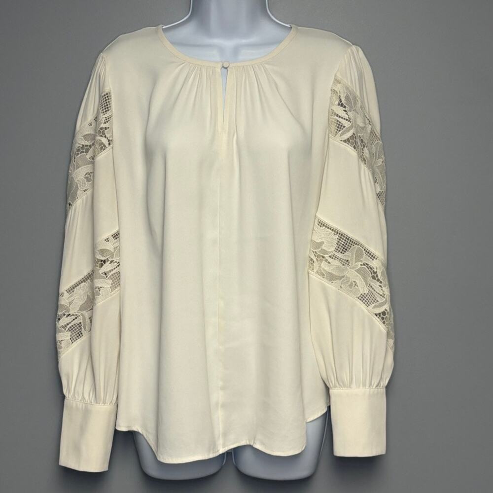 Ann‎ Taylor Romantic Feminine Ivory Lace Bishop Sleeve Minimalist Blouse Sz M